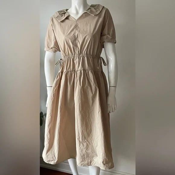 Masion Limo Beige Midi Dress Puff Sleeve Drawstring Waist Minimalist Chic - Picture 3 of 9